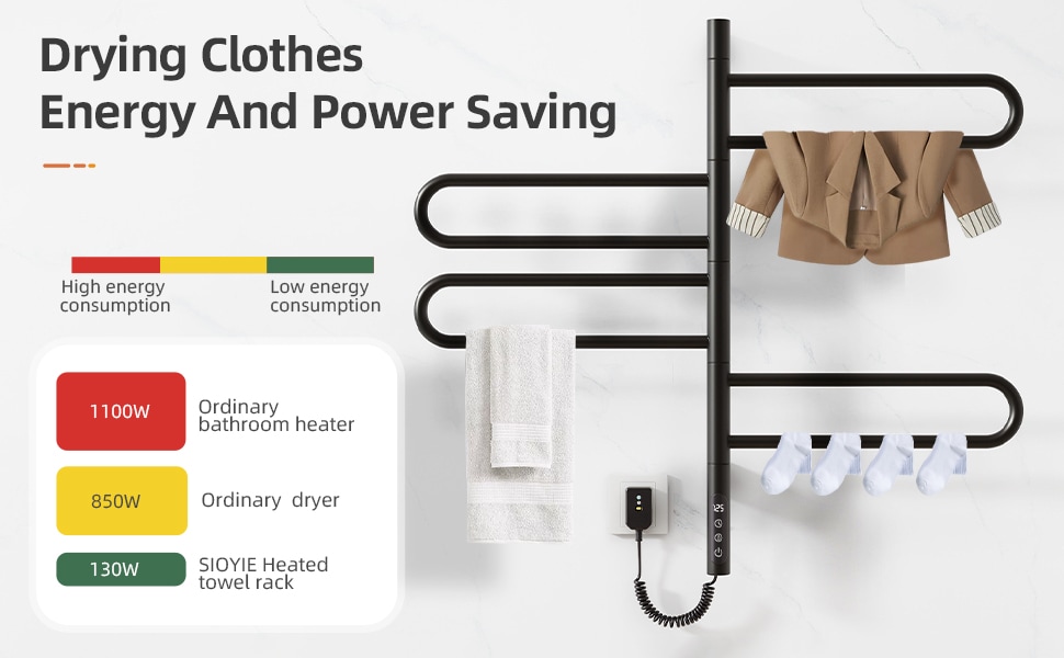 SIOYIE Electric Towel Warmer 180° Rotating Heated Towel Rack With 1-9H Timer 115℉-155℉,90W Wall-Mounted 5 Bars Electric Towel Rail, Concealed Installation,Towel Warmer For Bathroom Black_voghion.com
